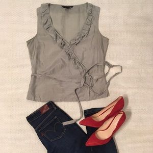 Sage green pure silk wrap sleeveless blouse